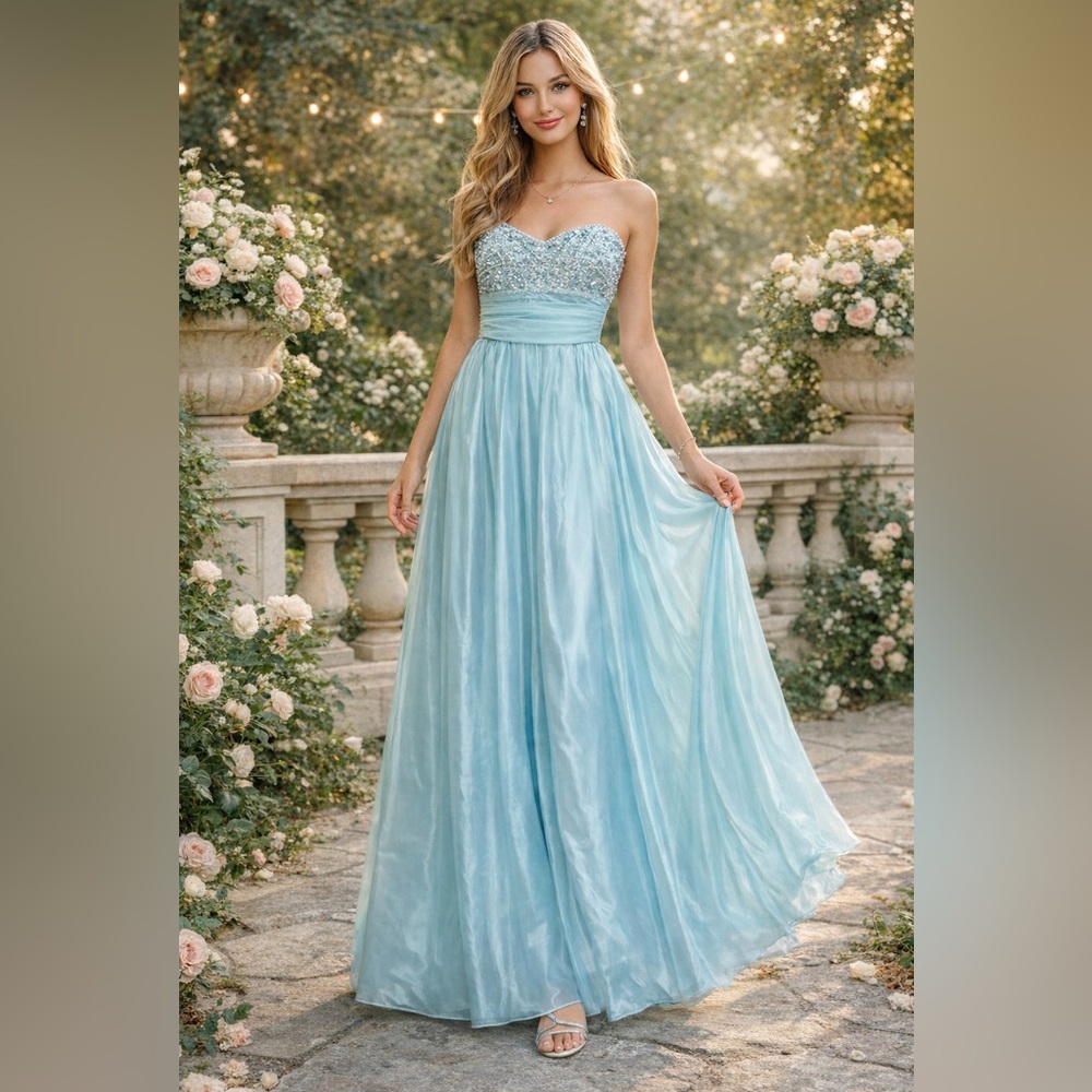 Light Blue Strapless Beaded Dress Flowy Formal Cruise Party Elegant